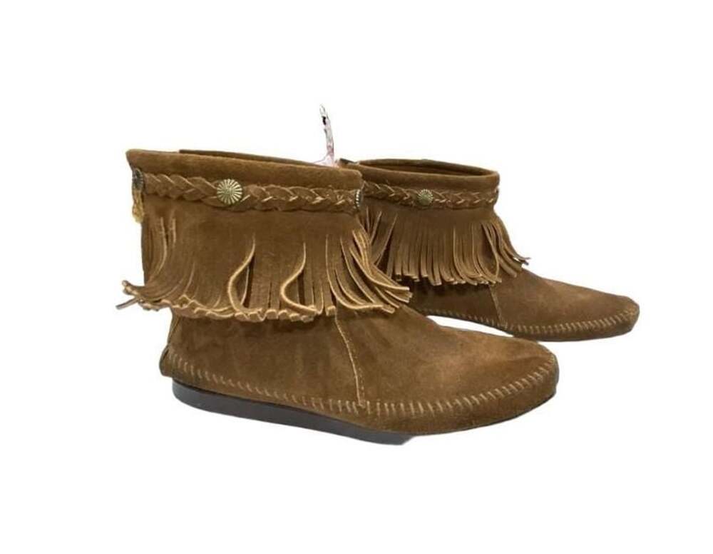 Minnetonka Brown Suede Fringe Back Zip Ankle Boots Moccasins 8.5